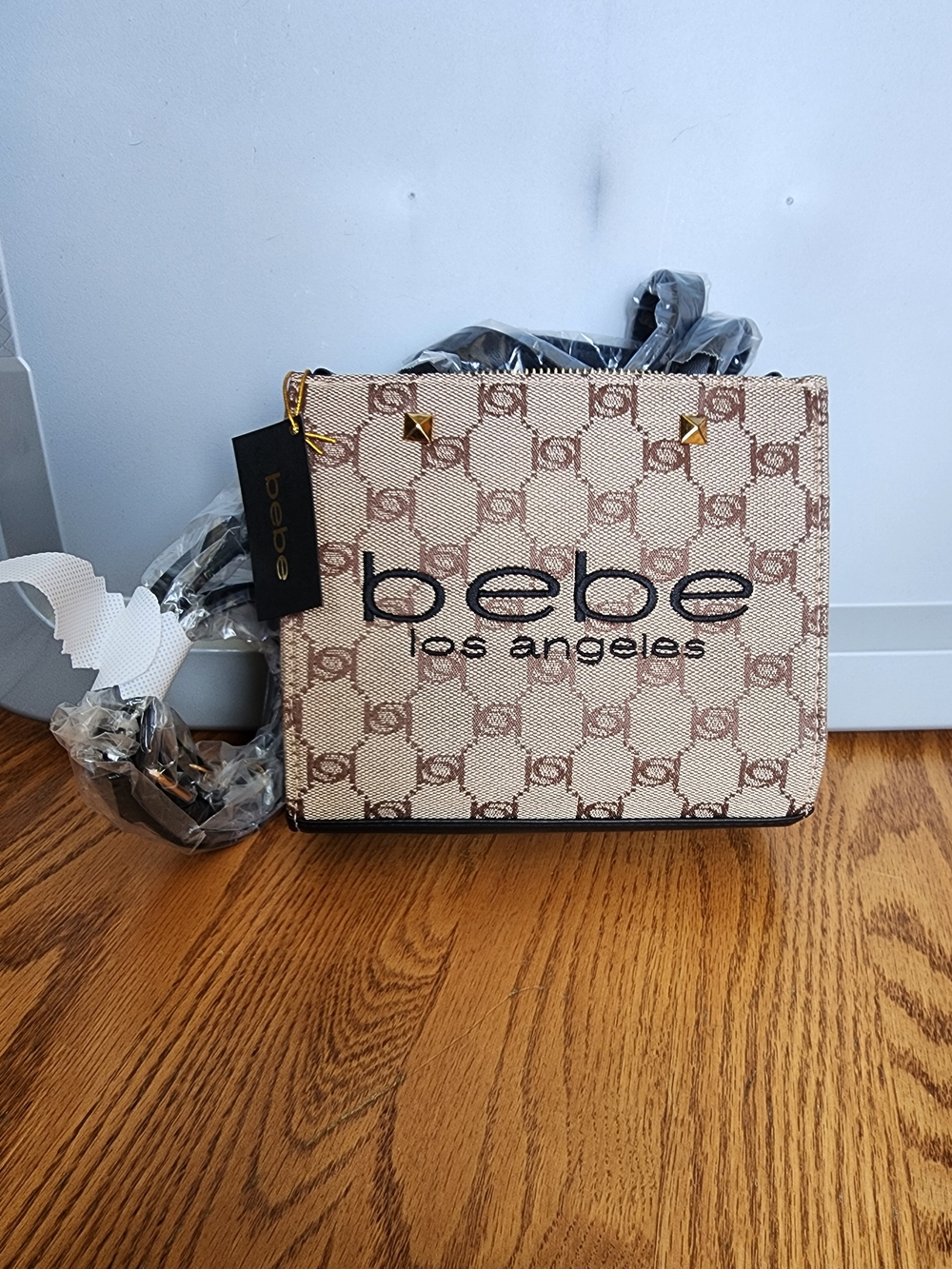 bebe Beige Logo Crossbody with Gold Studs